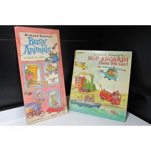 Lot of 2 Vintage Richard Scarry's Kids Book -BUSY ANIMALS 1966; Hop a Board 1972